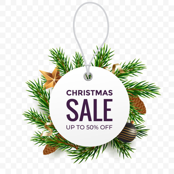 白色的圆形价格标签映衬着冷杉树枝上的圣诞装饰。圣诞促销标签。寒假打折横幅设计。矢量图图片下载
