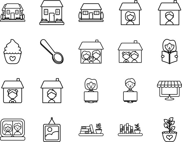 房子和呆在家里的图标设置线条风格图片下载