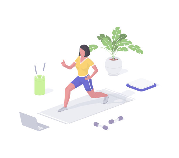 女人从事的是适合度的等距矢量。女性角色在运动垫子上用笔记本电脑网络视频进行练习。图片下载
