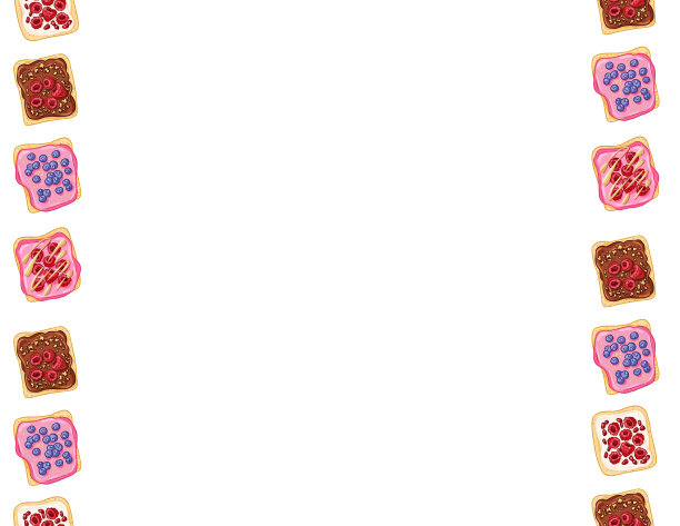 吐司面包三明治漫画风格无缝边界图案。涂着粉色糖霜的三明治和莓果涂鸦墙纸。早餐食物背景纹理瓷砖图片下载