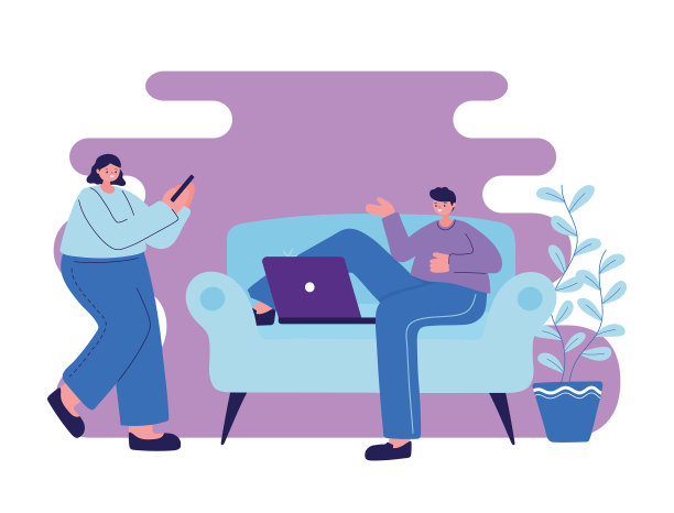 女人和男人坐在沙发上，拿着智能手机和笔记本电脑图片下载