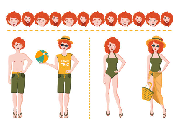 年轻的姜黄色微笑夫妇，男人和女人，深色头发，短裤，帕利奥，比基尼，帽子，太阳镜。不同的手势与七种不同的面部表情分离出矢量插图。图片下载