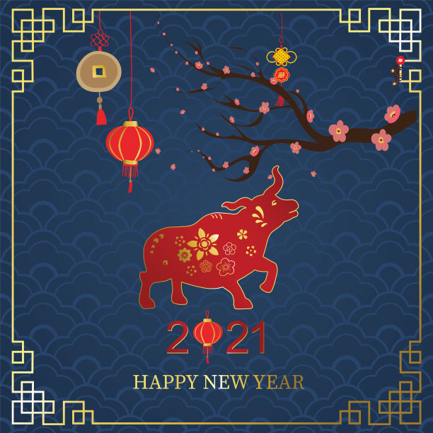 用剪纸艺术和工艺风格的灯笼、花、牛问候2021年中国新年图片下载