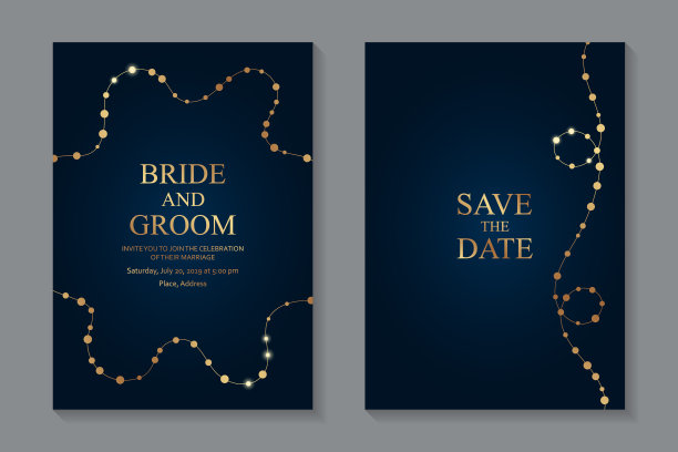 卡片模板与金色的珠子或项链在海军蓝的背景。图片下载