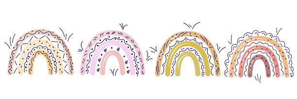 一组精致可爱的彩虹孤立在白色的背景上。矢量插图在平坦的斯堪的纳维亚波西米亚风格。彩虹图案，心形，条纹和点。图片下载