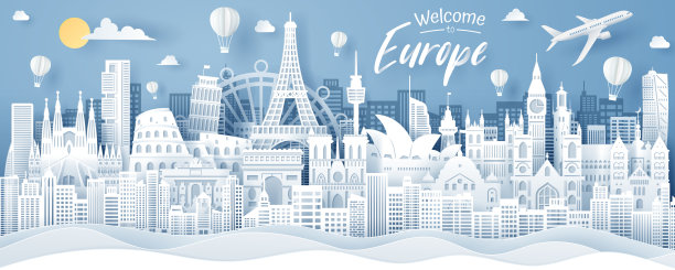 剪纸的欧洲地标，法国，西班牙，意大利，澳大利亚，瑞典和英国。欧洲旅游理念。图片下载