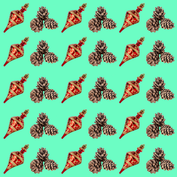 圣诞树玩具和松果圣诞节无缝图案（蓝绿色背景）图片下载