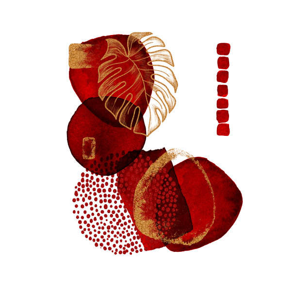 现代插画的一套水彩画，金色的线条，粉末，热带树叶的剪影，笔触。墙上画红酒圈图片下载