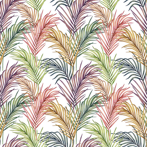 水彩画五彩缤纷的热带绿色，粉红色的叶子无缝图案背景。水彩手绘插图热带异国情调的叶子印花墙纸，纺织夏威夷阿罗哈夏季风格。图片下载