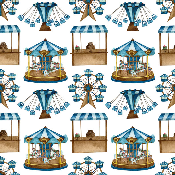 水彩无缝模式与旋转木马和气球。圣诞市场手绘背景图片下载