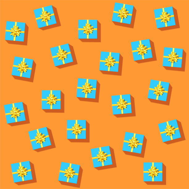 一套蓝色礼品盒与金色丝带和蝴蝶结。在橙色背景上随机散落的礼品盒。互补色方案。向量3 d演示。图片下载