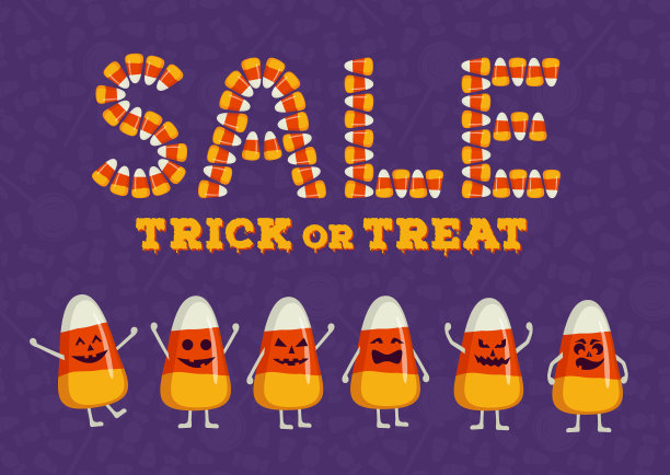万圣节快乐销售印刷海报。节日广告刻字。糖果玉米文字效果。不给糖就捣蛋的背景图片下载