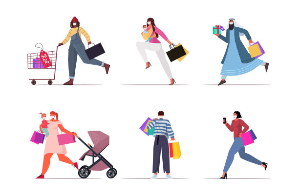 Set mix race people in masks holding shopping bags黑色星期五大减价促销打折隔离冠状病毒图片下载