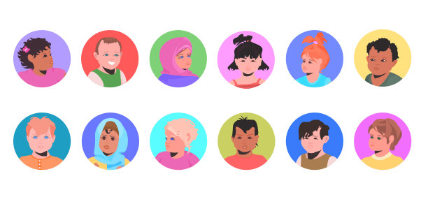 集混合种族的儿童头像，小男孩的脸收集男性女性卡通人物肖像图片下载