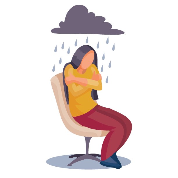 一个女人坐在椅子上，抱着自己的肩膀，在她的上方是一片灰色的云，雨正在倾盆而下，疲倦，沮丧，无助，白色背景上孤立的物体，矢量图，图片下载
