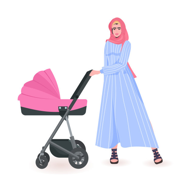 年轻的阿拉伯母亲走在新生儿的婴儿车母亲概念图片下载
