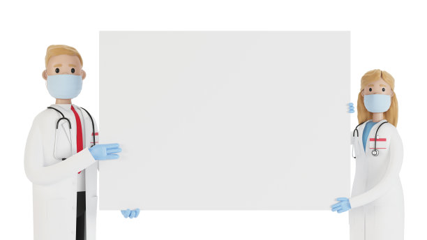 医生。医学专家男女手拿空白海报。3D插图卡通风格。图片下载