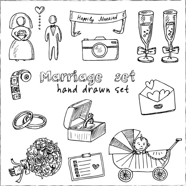 婚姻手绘涂鸦集孤立元素图片下载
