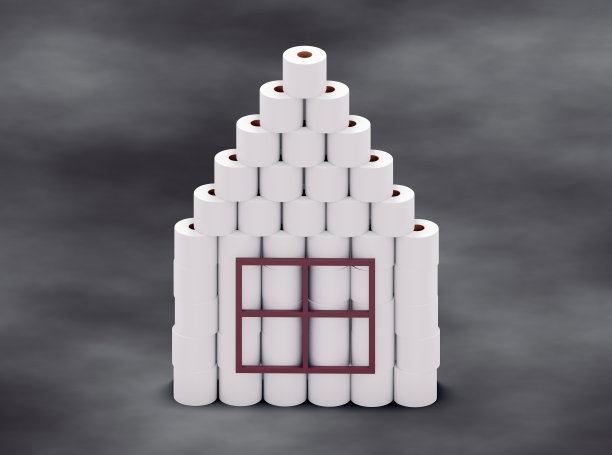 一个纸厕所，一个金字塔的卫生纸在灰色的背景。三维演示图片下载