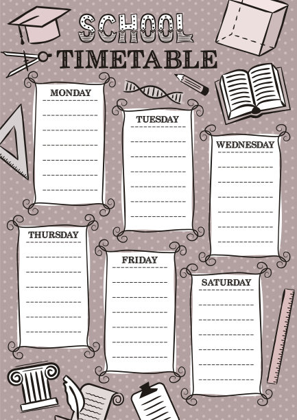 手绘复古模板的学校时间表图片下载