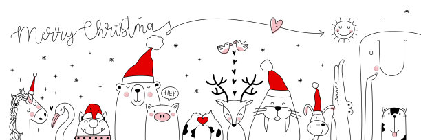 圣诞贺卡与动物，手绘风格图片下载