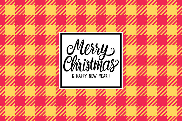 圣诞快乐白色手绘字母文字题词。矢量插图方格红黄橙宽背景。节日新年祝福设计卡图片下载