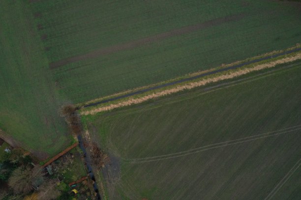 空荡的草地鸟瞰图，可以看到拖拉机留下的痕迹，中间有一圈芦苇，旁边有一条小沟渠图片下载