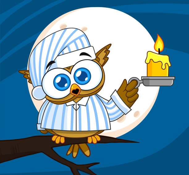 婴儿猫头鹰鸟可爱的卡通人物与睡衣拿着蜡烛图片下载