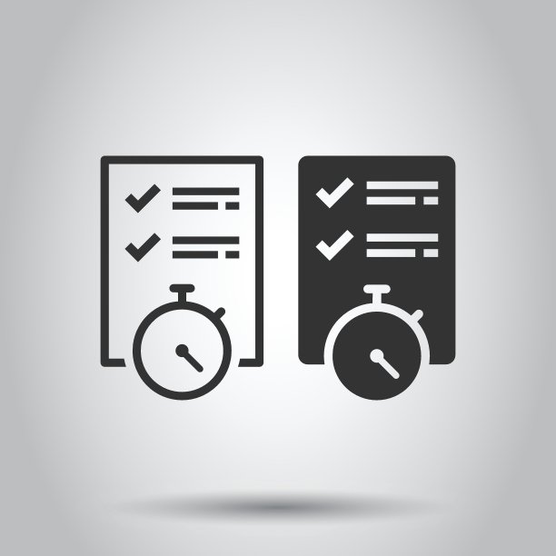 文档巫婆时钟图标在平面风格。在白色孤立的背景上检查向量图。快速服务的经营理念。图片下载