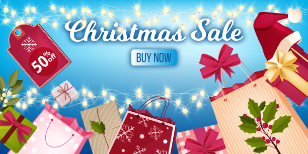 圣诞冬季促销横幅与购物袋，装饰品，花环，礼品盒。图片下载