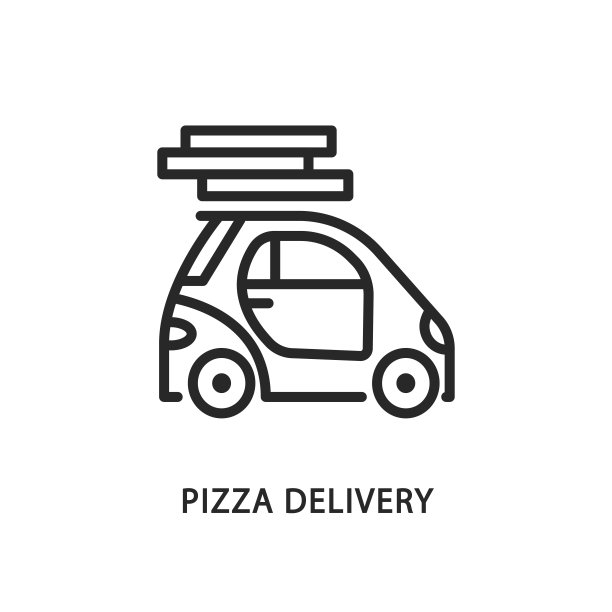 披萨外卖车的平面线图标。矢量插图送车与比萨饼盒在屋顶上。图片下载