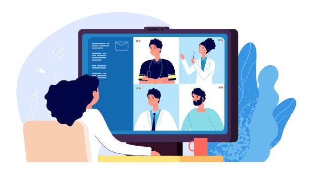网上医学会议。医生视频通话，护理护士医疗保健工作者网络通信。远程医疗，科学距离讨论矢量插图图片下载