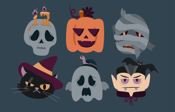 万圣节头字符设置骷髅，杰克O灯，妈妈，猫的女巫，幽灵和吸血鬼，矢量，插画图片下载