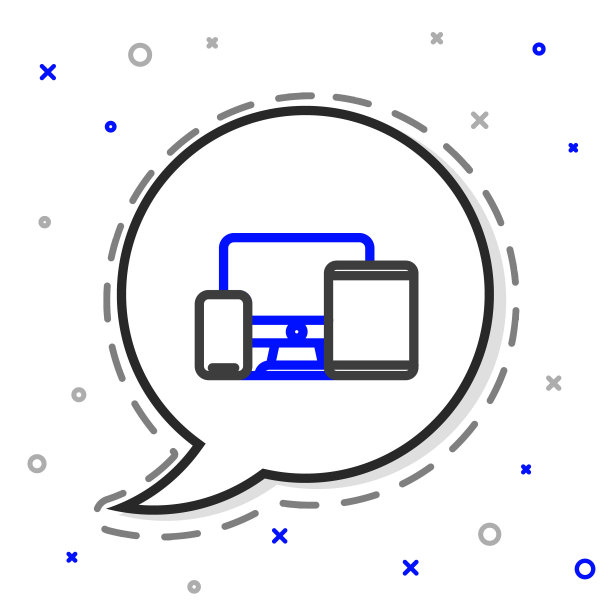 线电脑显示器，图形平板电脑和手机图标隔离在白色背景。互联网盈利，市场营销。色彩斑斓的轮廓的概念。向量图片下载