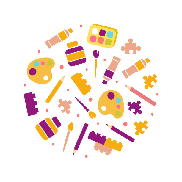 圆形艺术用品，儿童教育，美术，工艺，创意班，学校设计卡通矢量插图图片下载