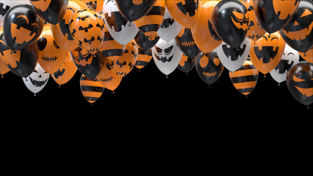 3d渲染万圣节气球击中天花板上的黑色背景图片下载