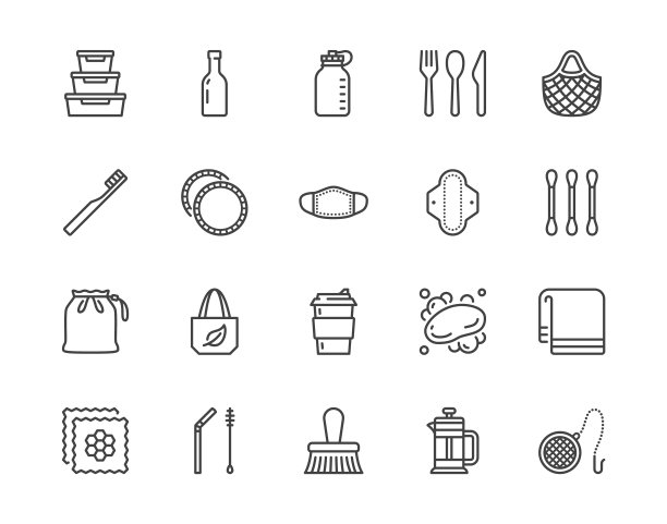 零废物产品平面线图标设置。可重复使用的瓶子，木制餐具，金属吸管，时代垫，面具矢量插图。概述可持续生活方式的迹象。像素完美。可编辑的中风图片下载
