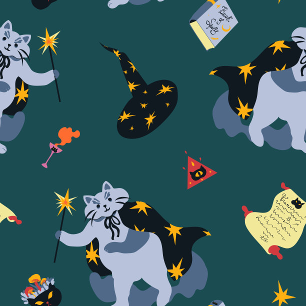明亮万圣节图案：巫师猫和它的魔法物品，深青色背景图片下载