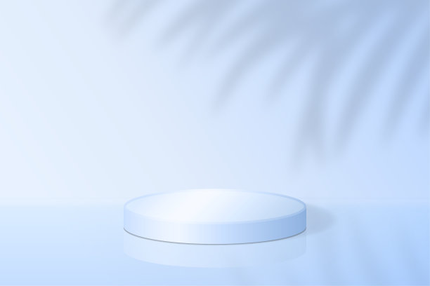 逼真的3d圆形平台的产品演示。圆柱体平台与热带阴影叠加效果蓝色背景。场景与台座化妆品品牌，包装介绍图片下载