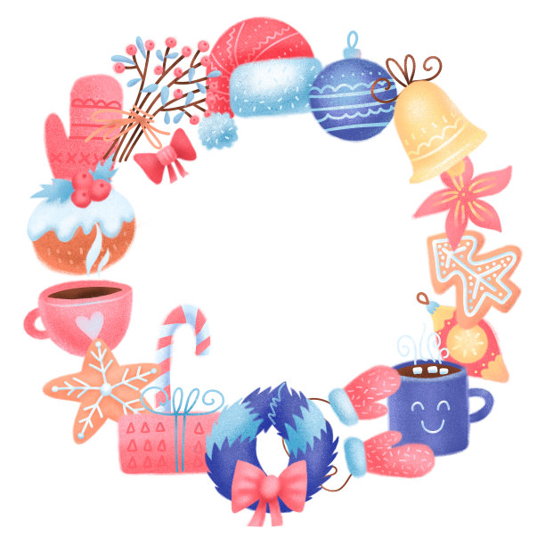 圆形框架与圣诞图标。数码艺术贺卡。节日的设计元素。纹理手绘插图。图片下载
