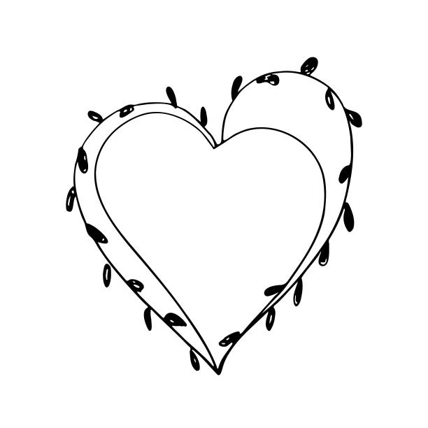 白色背景上的心形框架。手绘花环，婚礼请柬，生日卡。墨水插图。细枝和文本空间。心形边框的文字，照片，保存日期，标志。图片下载