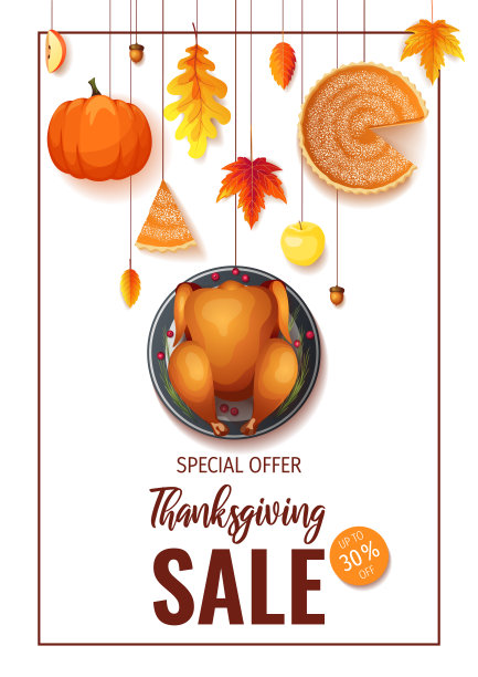 白色背景上的感恩节促销传单。烤火鸡，南瓜派，秋叶，苹果，橡子。图片下载