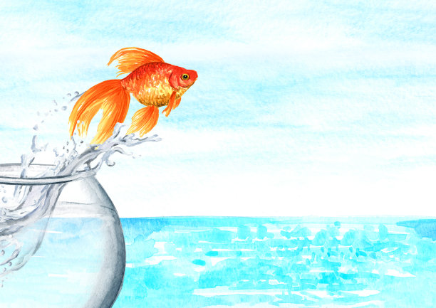 金鱼。金鱼从一个圆形的玻璃碗里跳进海里。改善条件和获得自由的概念。水彩手绘插图与复制空间图片下载