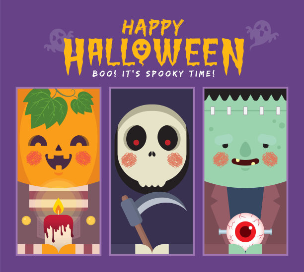 万圣节卡通人物:南瓜头，血腥的蜡烛，死神，镰刀，弗兰肯斯坦怪物和红眼球图片下载