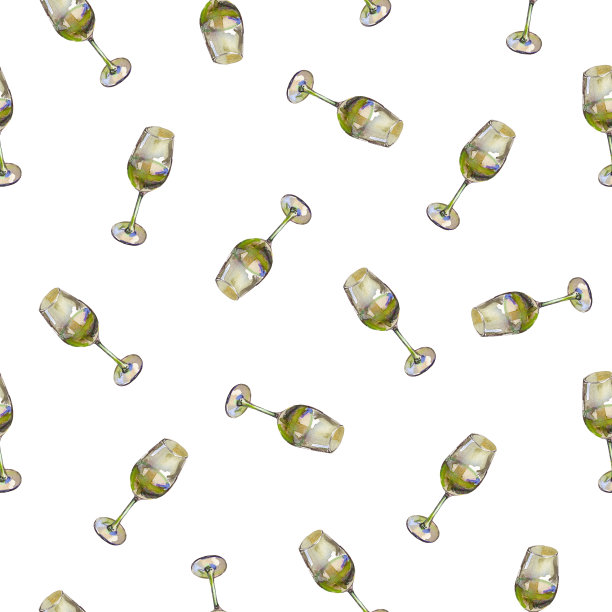 无缝模式的葡萄酒杯与白葡萄酒，孤立的白色。水彩画插图。图片下载