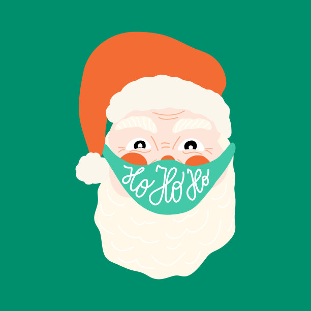 圣诞老人戴着防冠状病毒的防护口罩。在疫情期间，2020年圣诞快乐。嗬，嗬，嗬，字母。手绘假日插图。圣诞节的庆祝活动。矢量图图片下载