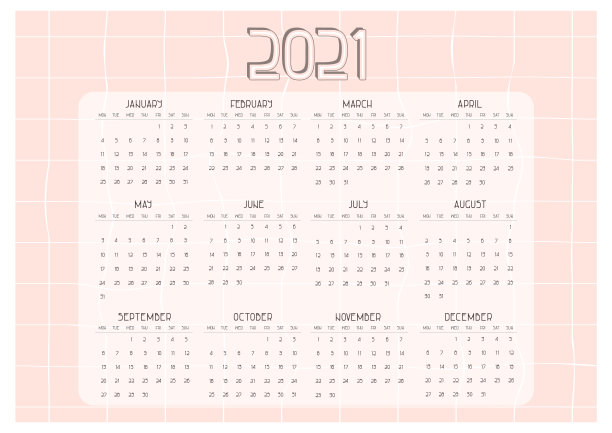 粉色日期日历从1月到12月从周一到周日为2021年图片下载