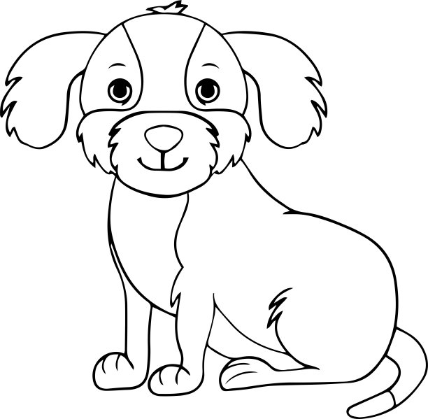 向量狗，卡通可爱快乐的白色狗微笑。人物狗，线条艺术，黑白儿童插画。儿童涂色页。可用于儿童穿、卡、育婴。图片下载
