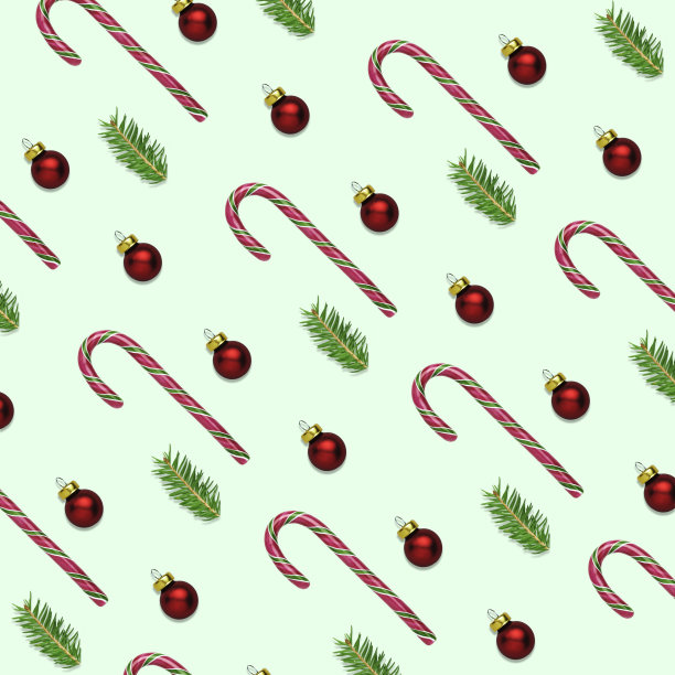 3D插图的圣诞或新年绿色背景糖果手杖，红球和杉木树枝。冬季假期包装纸的概念。圣诞图案的织物或表面设计与复制空间。图片下载