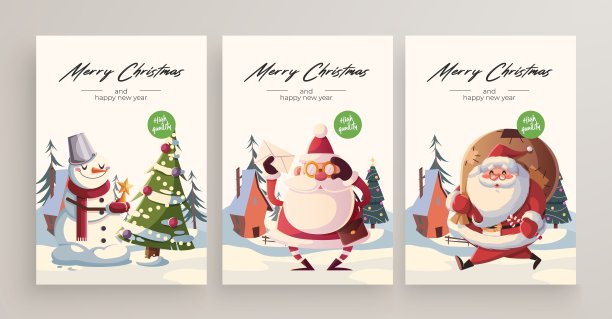 2020年新年和圣诞贺卡收集。可爱的节日主题人物和情境图片下载